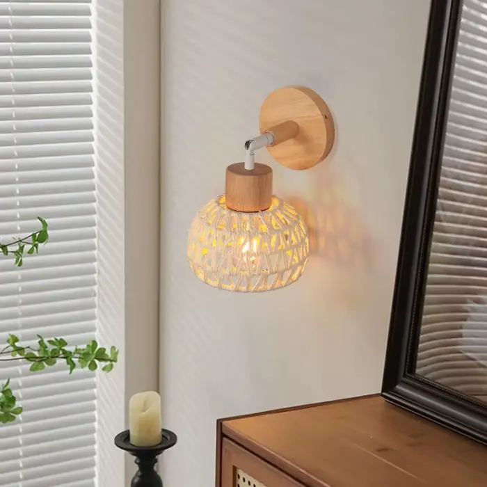Rétro rotin tissage appliques chambre salon Vintage tissé applique murale lampe de chevet E27 chanvre corde lumière éclairage intérieur