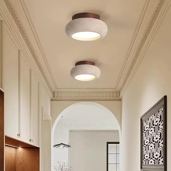 Nordique moderne Simple Ellipse naturel jaune travertin plafonnier lampara De Techo bois auvent LED