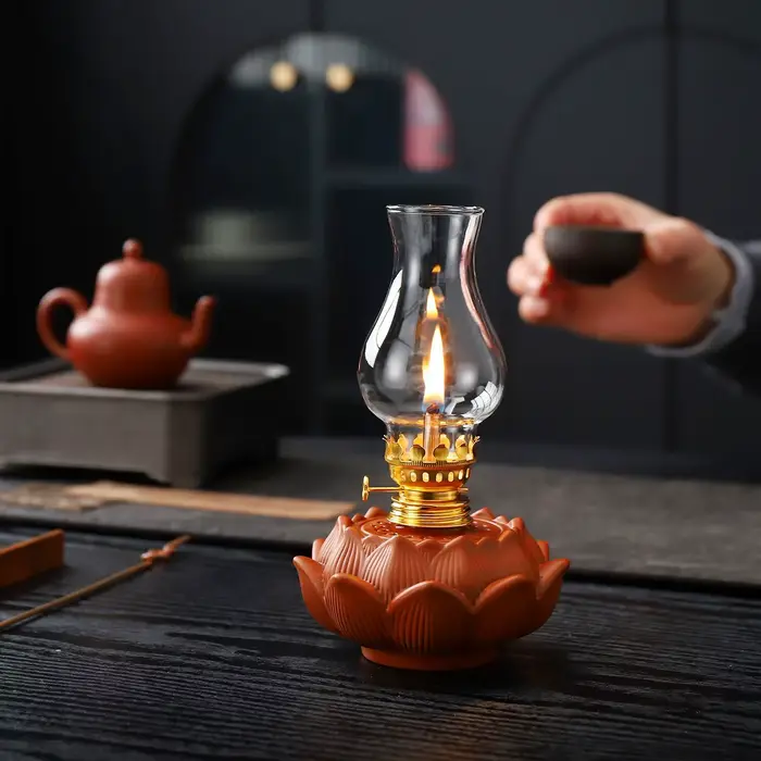 Lampe à huile en céramique vintage avec couvercle en verre - Éclairage d'ambiance pour salon de thé
