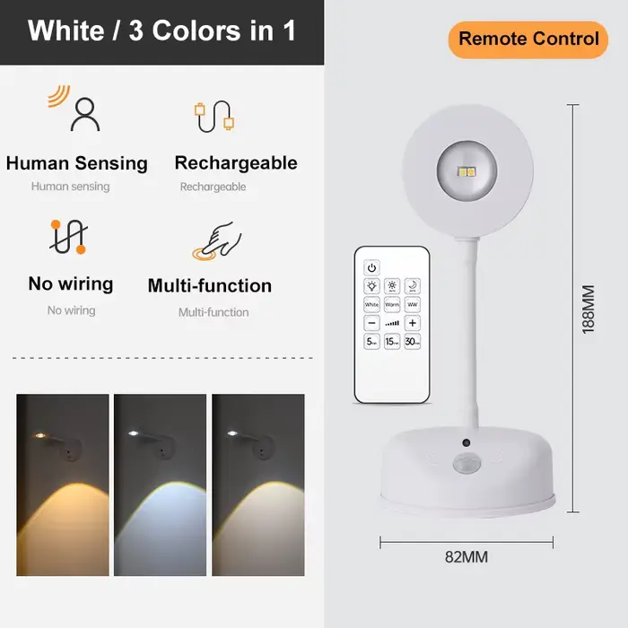 Applique murale LED sans fil rechargeable par USB avec détecteur de mouvement, intensité réglable, p